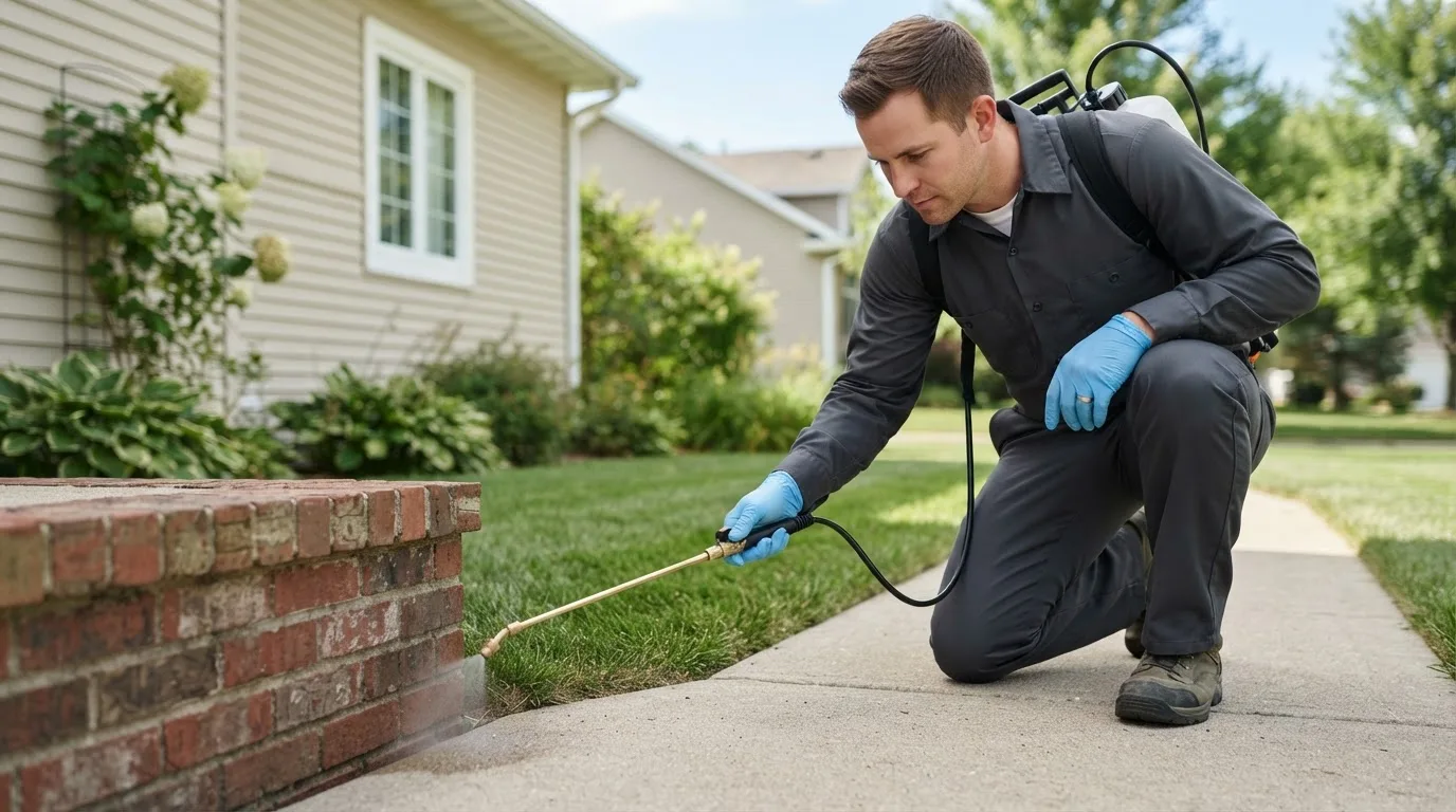 Pest control technician treating a home near Rampart, AK